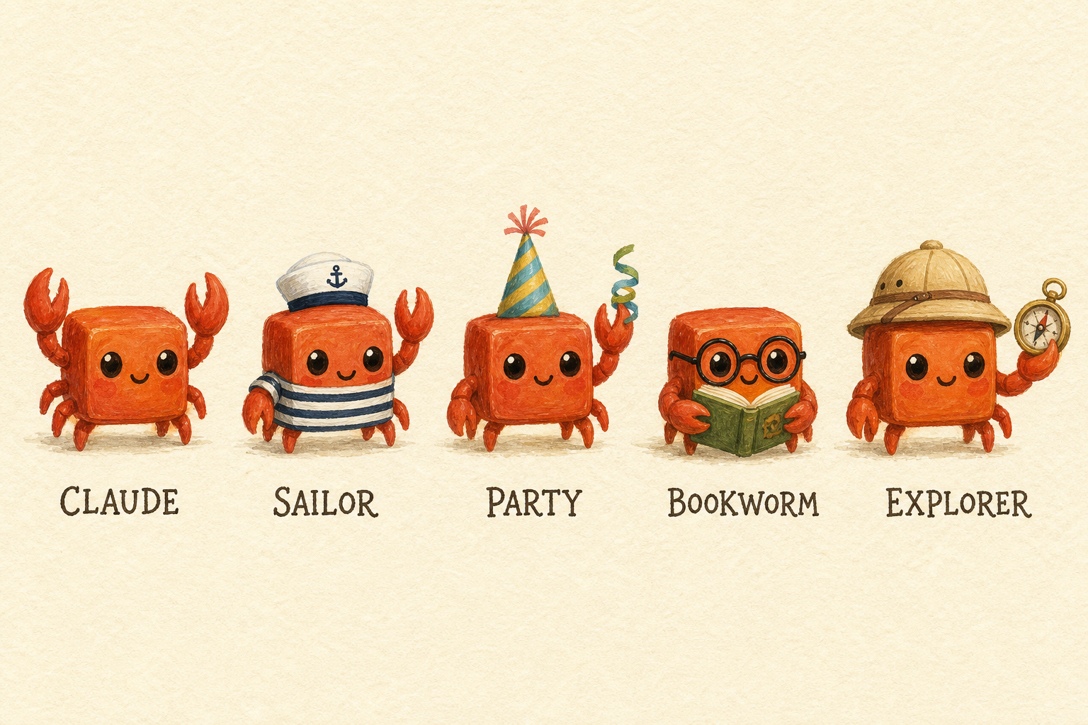 Claude the Crab in five outfits — Claude, Sailor, Party, Bookworm and Explorer